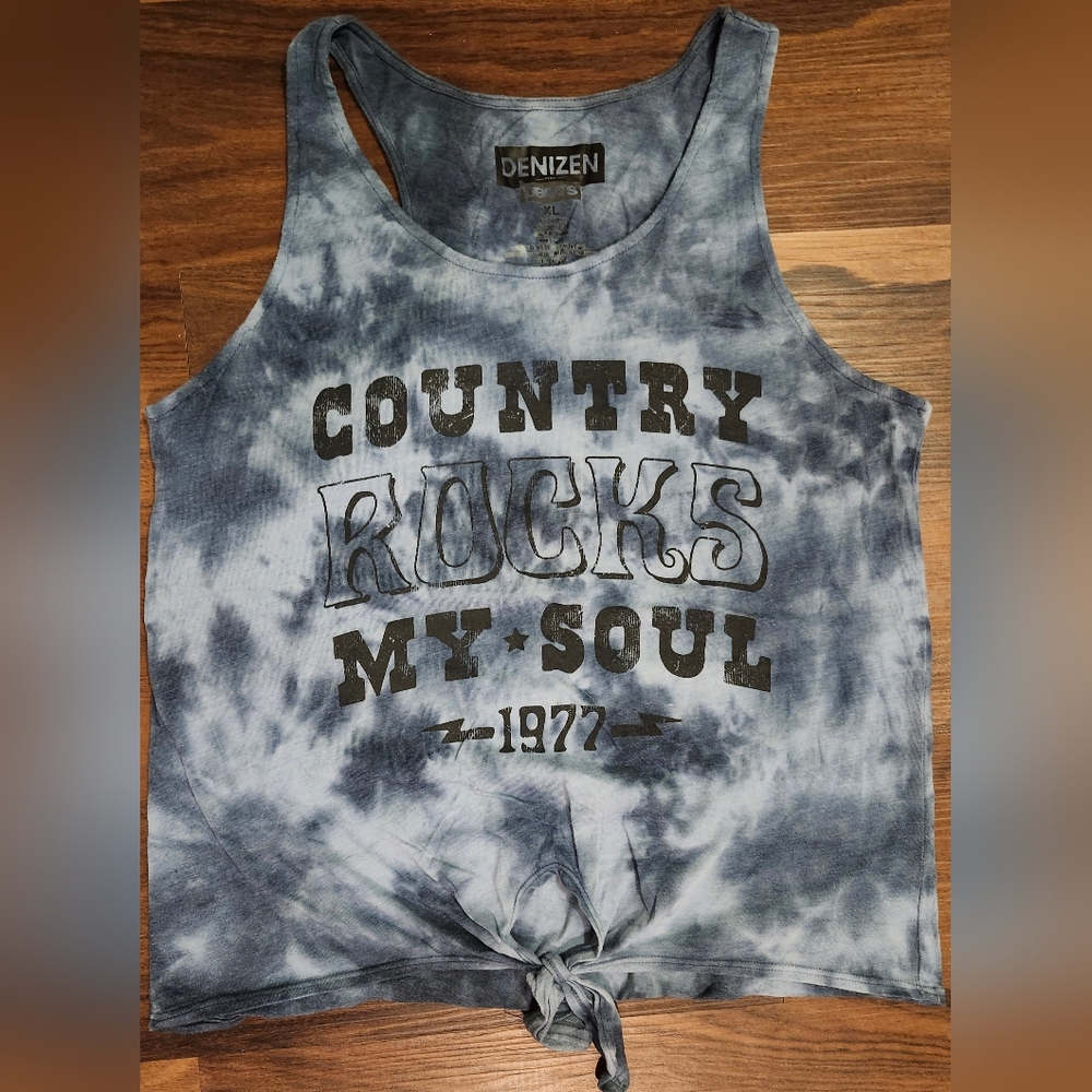 Juniors Sz XL Denizen Levi's Blue Tie Dye Graphic Tank Top, Very Gently Worn - Picture 2 of 5